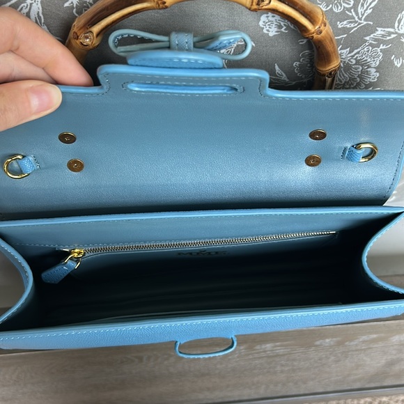 MME. MINK BLUE TOP HANDLE CARLTON BOW BAG - Picture 8 of 14